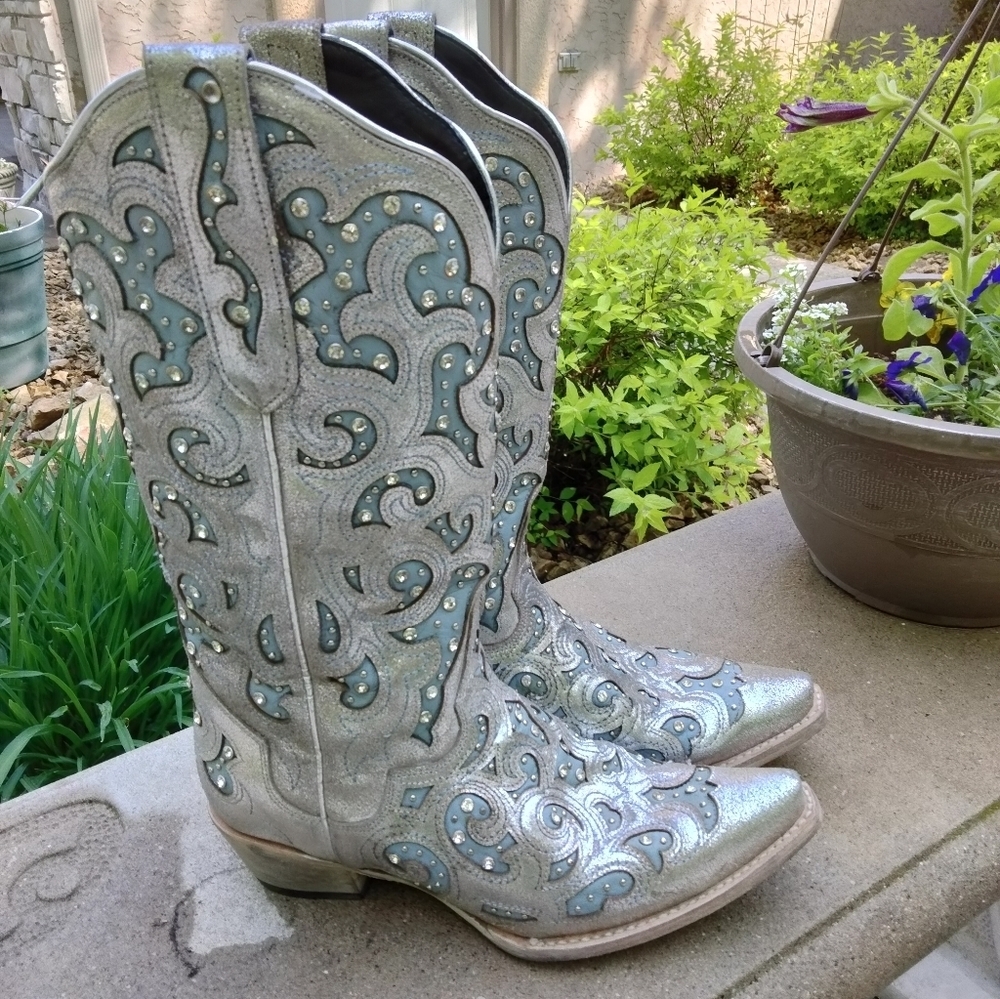 J.B. DILLON BELLFLOWER Western Women's Sparkle Silver boots size 9.5B